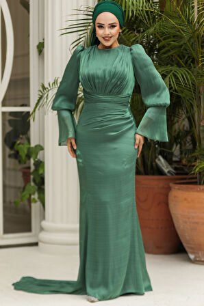 Drape Detaylı Yeşil Tesettür Abiye Elbise 48531Y