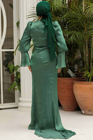 Drape Detaylı Yeşil Tesettür Abiye Elbise 48531Y