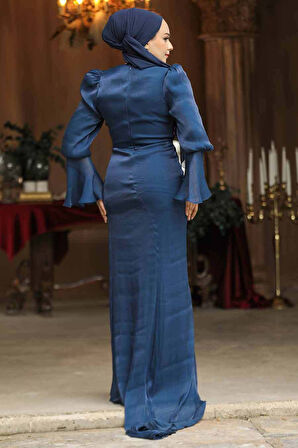 Drape Detaylı Lacivert Tesettür Abiye Elbise 48531L