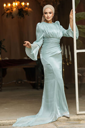 Drape Detaylı Mint Tesettür Abiye Elbise 48531MINT