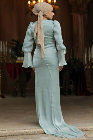 Drape Detaylı Mint Tesettür Abiye Elbise 48531MINT