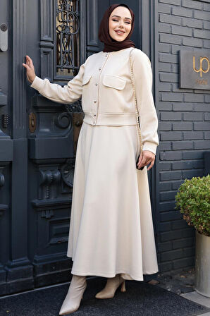 Düğmeli Bej Tesettür Etekli İkili Takım 12261BEJ