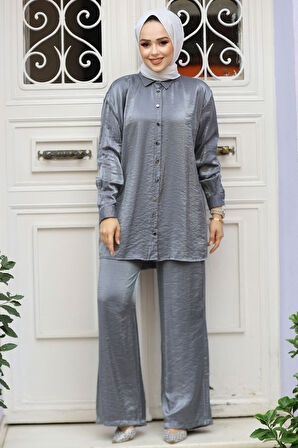 Düğmeli Füme Tesettür İkili Takım 12471FU