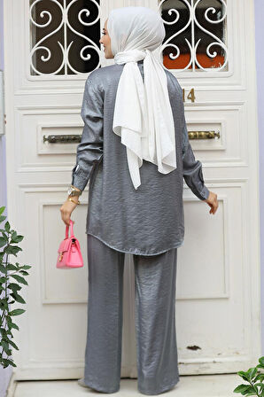 Düğmeli Füme Tesettür İkili Takım 12471FU