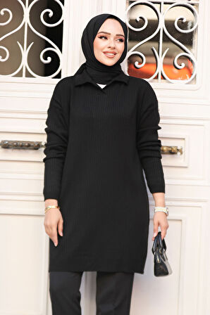 Fitilli Siyah Tesettür Triko Tunik 65903S