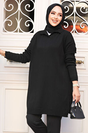 Fitilli Siyah Tesettür Triko Tunik 65903S