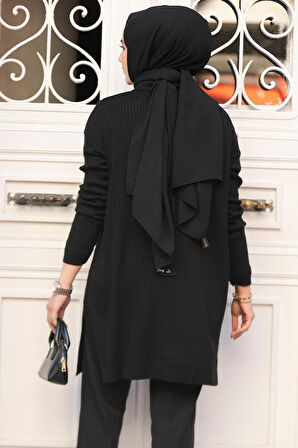 Fitilli Siyah Tesettür Triko Tunik 65903S