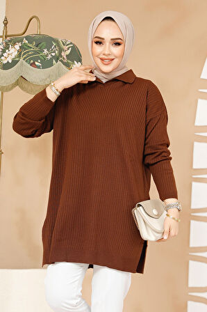 Fitilli Kahverengi Tesettür Triko Tunik 65903KH