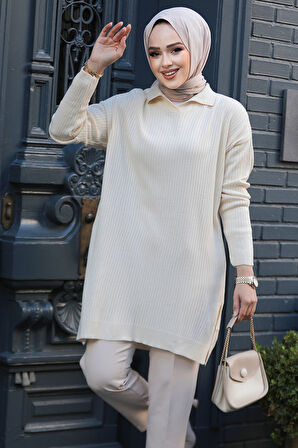 Fitilli Krem Tesettür Triko Tunik 65903KR