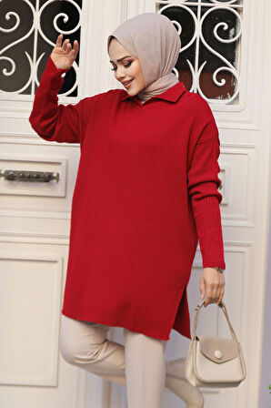 Fitilli Kırmızı Tesettür Triko Tunik 65903K