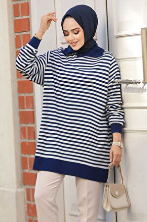 Çizgili Lacivert Tesettür Triko Tunik 65904L