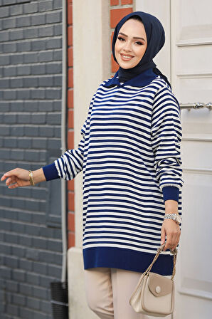 Çizgili Lacivert Tesettür Triko Tunik 65904L
