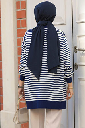Çizgili Lacivert Tesettür Triko Tunik 65904L