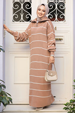 Çizgili Bisküvi  Tesettür Triko Elbise 65905BS