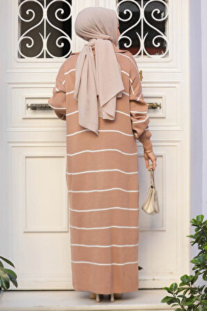 Çizgili Bisküvi  Tesettür Triko Elbise 65905BS