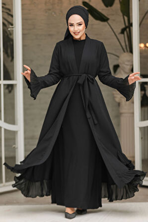 Volanlı Siyah Tesettür Abaya 4482S