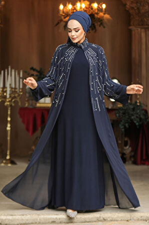 Boncuk İşlemeli Lacivert Tesettür Abaya Takım 46151L