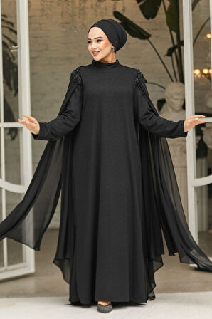 Pelerinli Siyah Tesettür Abiye Elbise 4624S