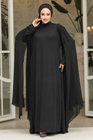 Pelerinli Siyah Tesettür Abiye Elbise 4624S