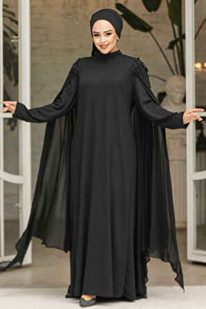 Pelerinli Siyah Tesettür Abiye Elbise 4624S