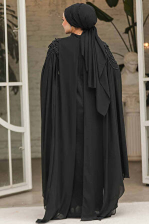Pelerinli Siyah Tesettür Abiye Elbise 4624S