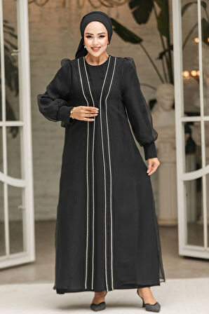 Boncuk İşlemeli Siyah Tesettür Abaya Takım 4626S