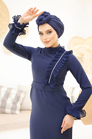 Fırfır Detaylı Lacivert Tesettür Abiye Elbise 46331L