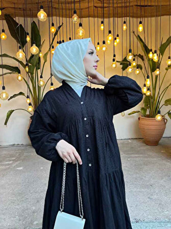 Kat Piliseli Siyah Tesettür Elbise 10002S