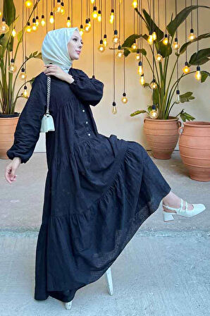 Kat Piliseli Siyah Tesettür Elbise 10002S