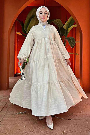 Kat Piliseli Bej Tesettür Elbise 10002BEJ