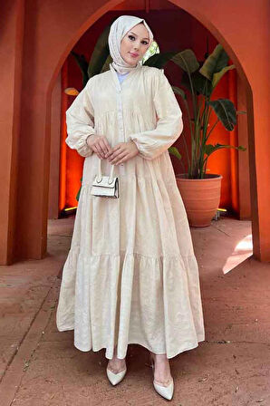Kat Piliseli Bej Tesettür Elbise 10002BEJ
