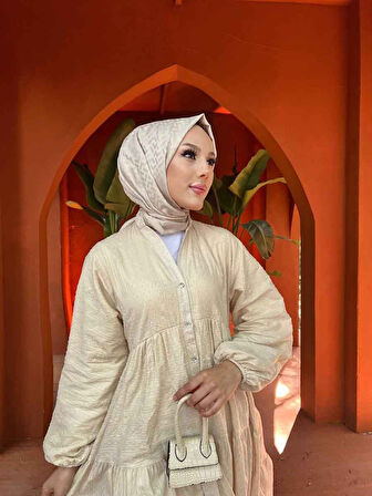 Kat Piliseli Bej Tesettür Elbise 10002BEJ