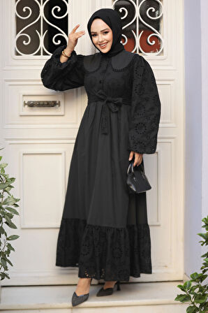 Güpürlü Siyah Tesettür Elbise 10034S
