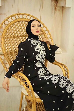 Desenli Siyah Tesettür Elbise 13503S