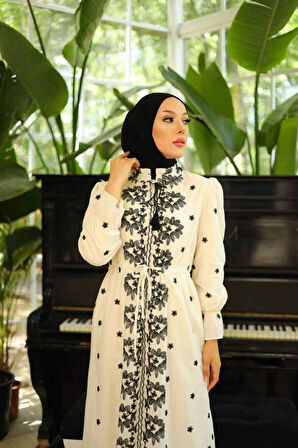 Desenli Bej Tesettür Elbise 13503BEJ