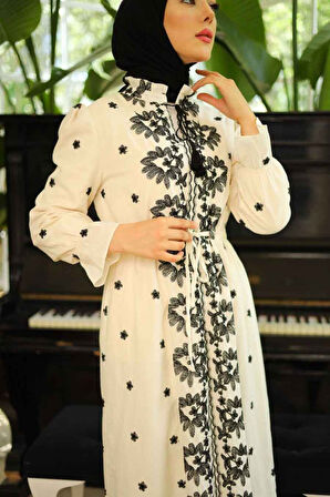 Desenli Bej Tesettür Elbise 13503BEJ