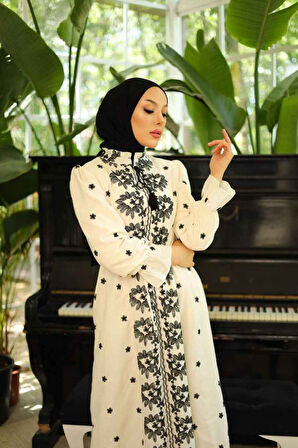 Desenli Bej Tesettür Elbise 13503BEJ