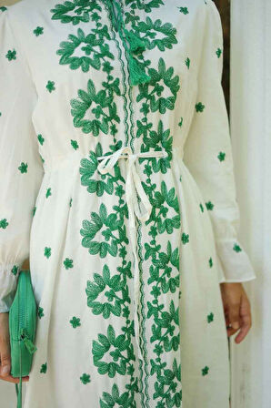 Desenli Zümrüt Yeşili Tesettür Elbise 13503ZY