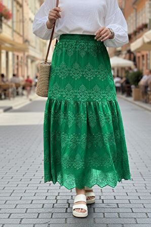 Güpürlü Zümrüt Yeşili Tesettür Etek 13951ZY