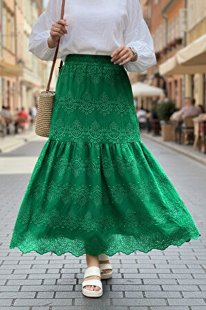 Güpürlü Zümrüt Yeşili Tesettür Etek 13951ZY