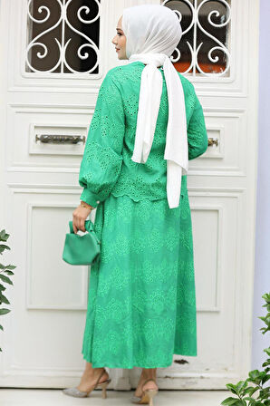 Güpürlü Zümrüt Yeşili Tesettür Etekli İkili Takım 14181ZY