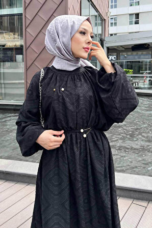 Desenli Siyah Tesettür Elbise 14291S