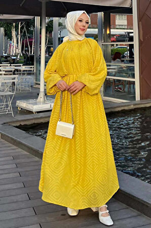 Desenli Hardal Tesettür Elbise 14291HR