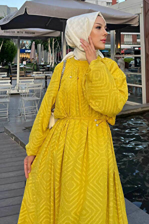 Desenli Hardal Tesettür Elbise 14291HR