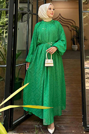 Desenli Zümrüt Yeşili Tesettür Elbise 14291ZY