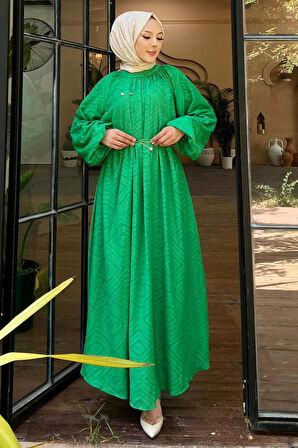 Desenli Zümrüt Yeşili Tesettür Elbise 14291ZY