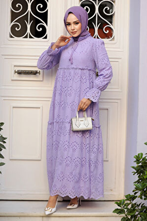 Güpürlü Lila Tesettür Elbise 13440LILA