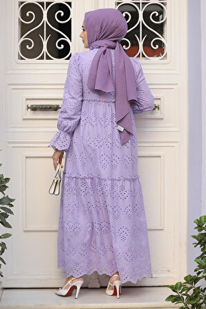 Güpürlü Lila Tesettür Elbise 13440LILA