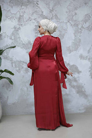 Kuyruk Detaylı Bordo Tesettür Abiye Elbise 48491BR