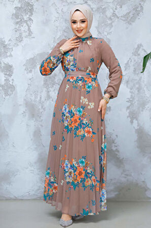 Çiçek Desenli Koyu Vizon Tesettür Elbise 34468KV